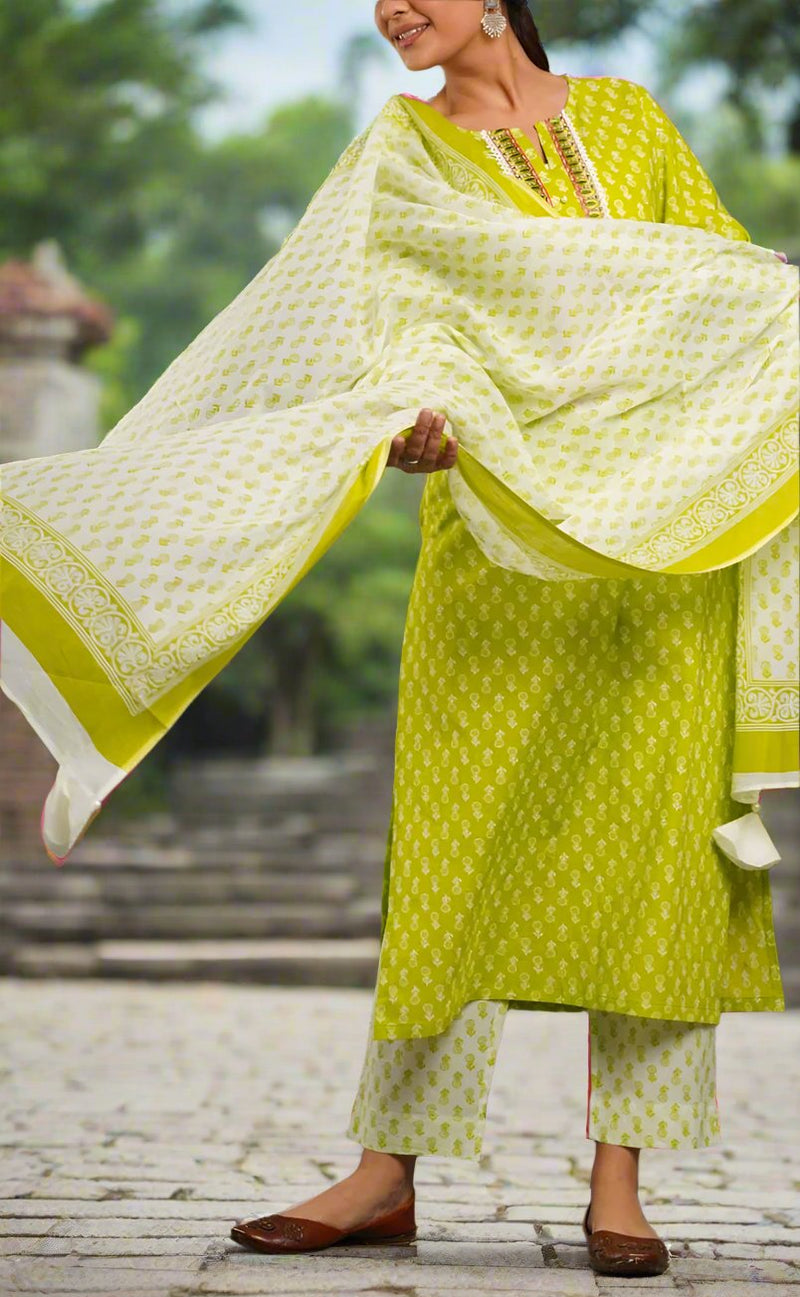 Green Butta Kurti With Pant And Dupatta Set  .Pure Versatile Cotton. | Laces and Frills - Laces and Frills