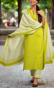 Green Butta Kurti With Pant And Dupatta Set  .Pure Versatile Cotton. | Laces and Frills - Laces and Frills