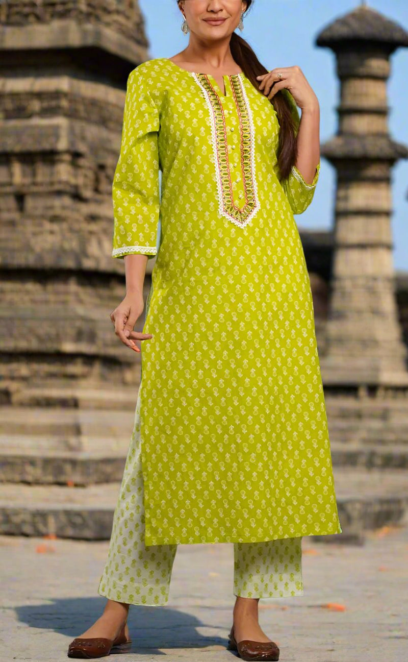 Green Butta Kurti With Pant And Dupatta Set  .Pure Versatile Cotton. | Laces and Frills - Laces and Frills