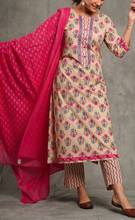 Cream Flora Kurti With Pant And Dupatta Set  .Pure Versatile Cotton. | Laces and Frills - Laces and Frills