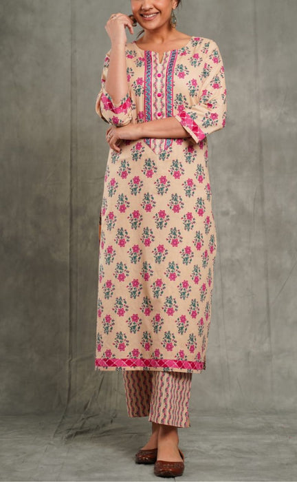Cream Flora Kurti With Pant And Dupatta Set  .Pure Versatile Cotton. | Laces and Frills - Laces and Frills