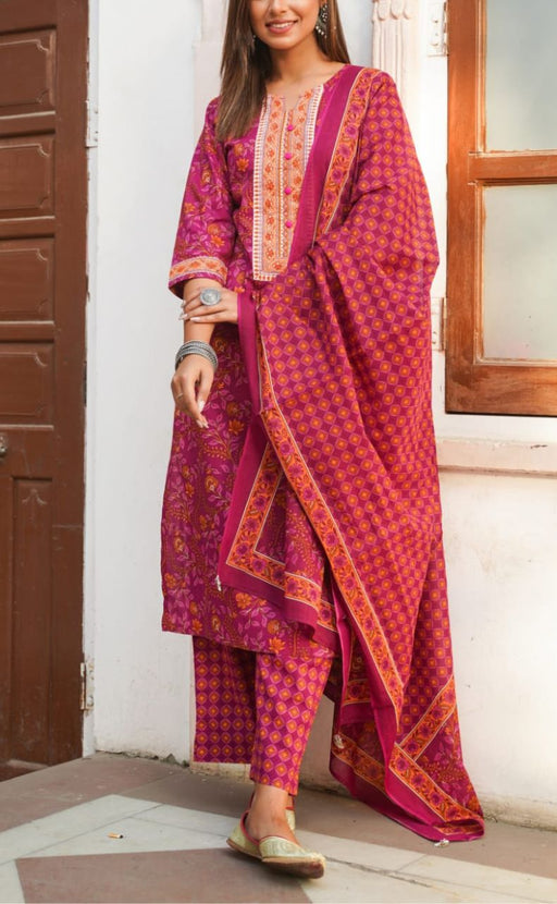 Purple Pink Flora Kurti With Pant And Dupatta Set  .Pure Versatile Cotton. | Laces and Frills - Laces and Frills