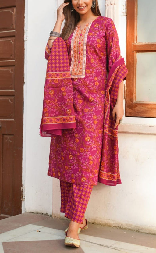 Purple Pink Flora Kurti With Pant And Dupatta Set  .Pure Versatile Cotton. | Laces and Frills - Laces and Frills