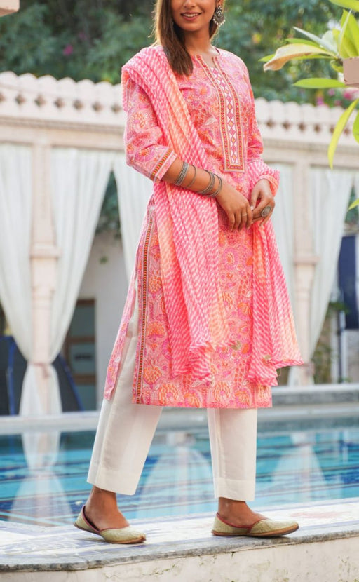 Pink Floral Kurti With Pant And Dupatta Set  .Pure Versatile Cotton. | Laces and Frills - Laces and Frills