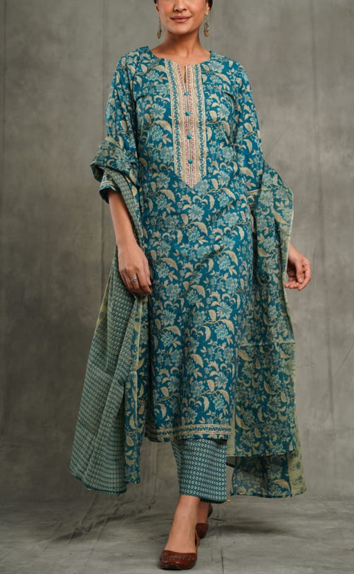 Teal Green Floral Kurti With Pant And Dupatta Set  .Pure Versatile Cotton. | Laces and Frills - Laces and Frills