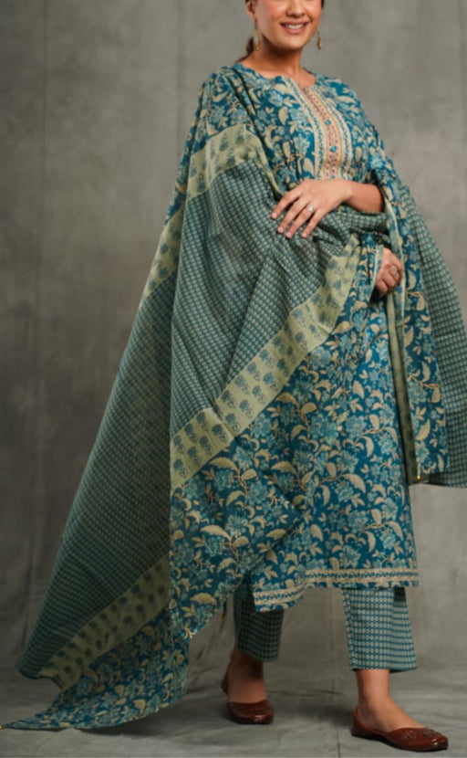 Teal Green Floral Kurti With Pant And Dupatta Set  .Pure Versatile Cotton. | Laces and Frills - Laces and Frills