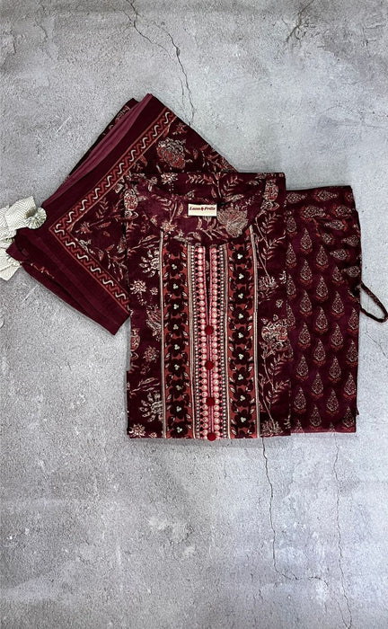 Maroon Floral Kurti With Pant And Dupatta Set  .Pure Versatile Cotton. | Laces and Frills - Laces and Frills