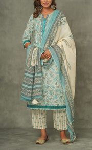 Off White/Turquoise Blue Floral Kurti With Pant And Dupatta Set  .Pure Versatile Cotton. | Laces and Frills - Laces and Frills