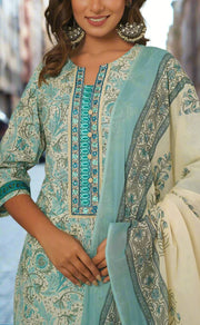 Off White/Turquoise Blue Floral Kurti With Pant And Dupatta Set  .Pure Versatile Cotton. | Laces and Frills - Laces and Frills