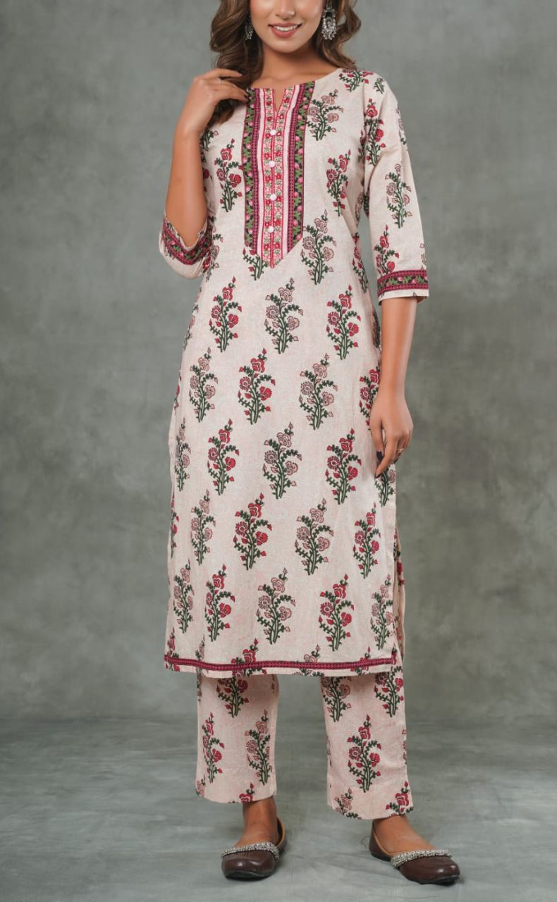 Baby Pink Floral Kurti With Pant And Dupatta Set  .Pure Versatile Cotton. | Laces and Frills - Laces and Frills
