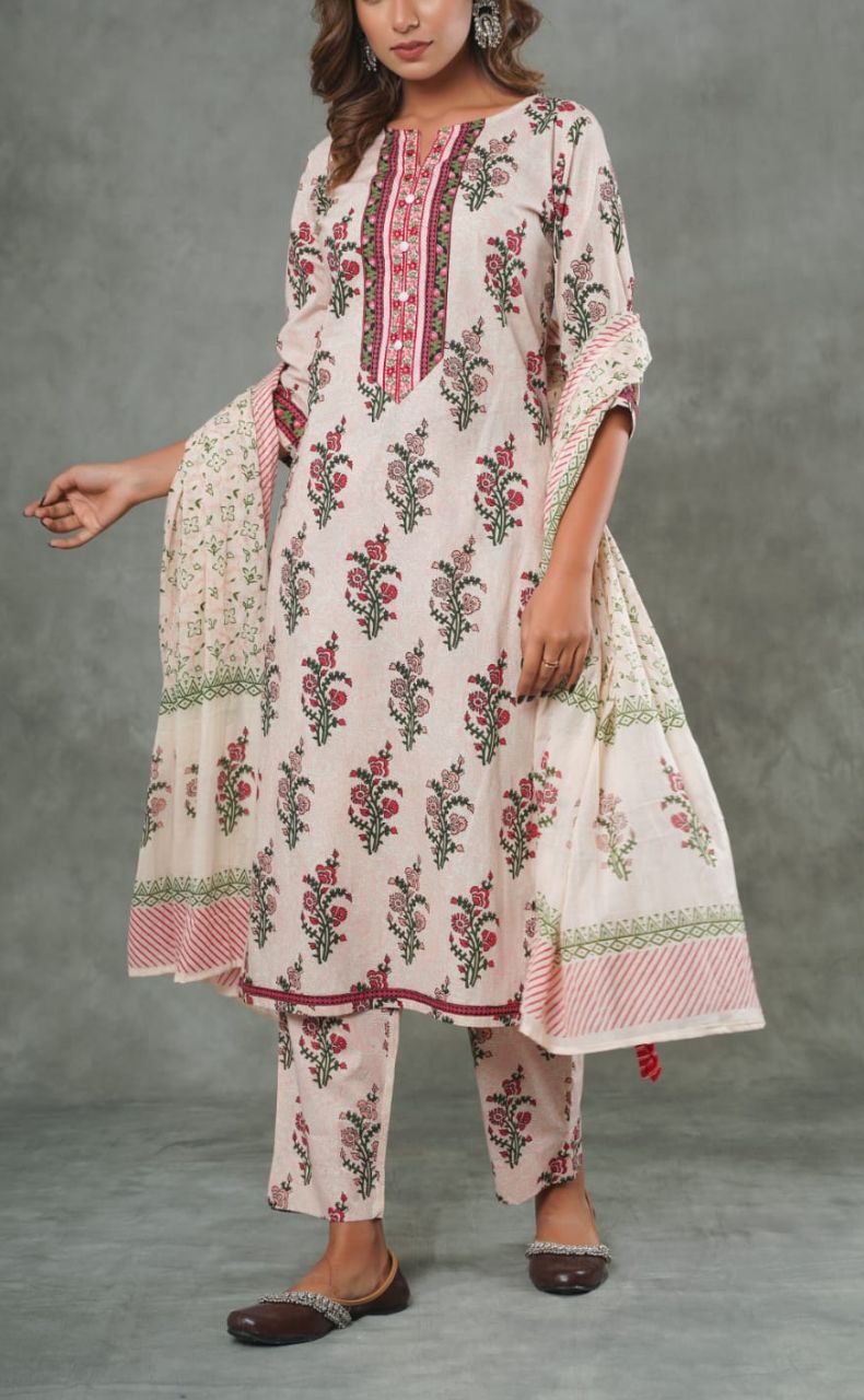 Baby Pink Floral Kurti With Pant And Dupatta Set  .Pure Versatile Cotton. | Laces and Frills - Laces and Frills