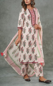 Baby Pink Floral Kurti With Pant And Dupatta Set  .Pure Versatile Cotton. | Laces and Frills - Laces and Frills