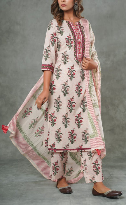Baby Pink Floral Kurti With Pant And Dupatta Set  .Pure Versatile Cotton. | Laces and Frills - Laces and Frills