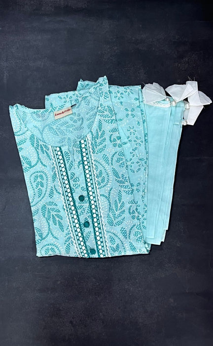 Sea Green Floral Kurti With Pant And Dupatta Set  .Pure Versatile Cotton. | Laces and Frills - Laces and Frills