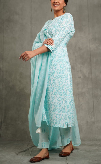 Sea Green Floral Kurti With Pant And Dupatta Set  .Pure Versatile Cotton. | Laces and Frills - Laces and Frills