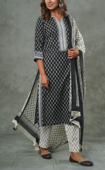 Black/White Floral Kurti With Pant And Dupatta Set  .Pure Versatile Cotton. | Laces and Frills - Laces and Frills