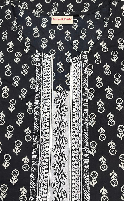Black/White Floral Kurti With Pant And Dupatta Set  .Pure Versatile Cotton. | Laces and Frills - Laces and Frills