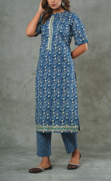 Blue Floral Kurti With Pant And Dupatta Set  .Pure Versatile Cotton. | Laces and Frills - Laces and Frills