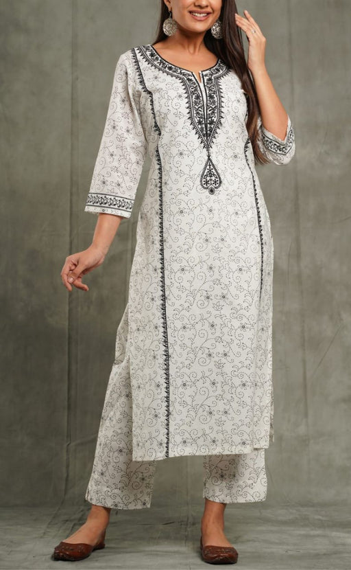 White/Black Embroidery Kurti With Pant And Dupatta Set  .Pure Versatile Cotton. | Laces and Frills - Laces and Frills