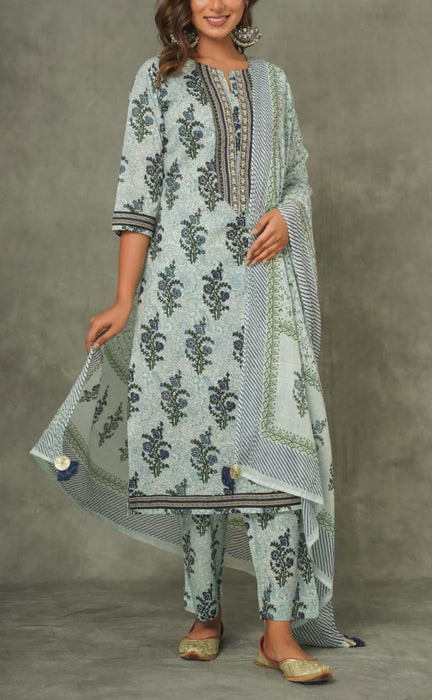 Blue Garden Kurti With Pant And Dupatta Set  .Pure Versatile Cotton. | Laces and Frills - Laces and Frills
