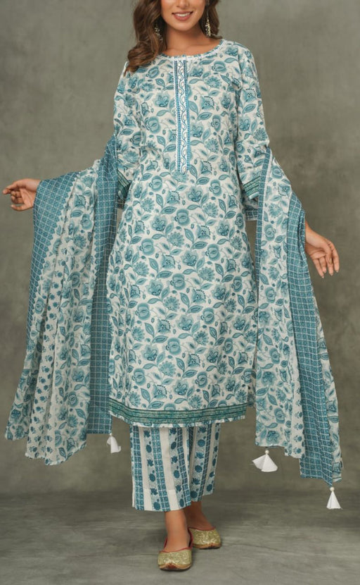White/Blue Floral  Kurti With Pant And Dupatta Set  .Pure Versatile Cotton. | Laces and Frills - Laces and Frills