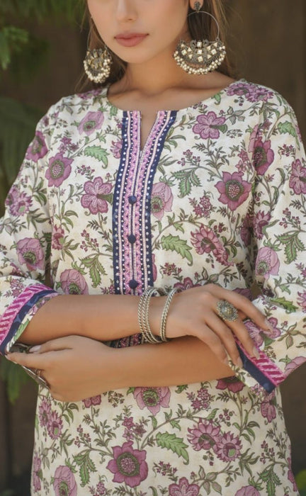 Off White/Purple Floral Kurti With Pant And Dupatta Set  .Pure Versatile Cotton. | Laces and Frills - Laces and Frills