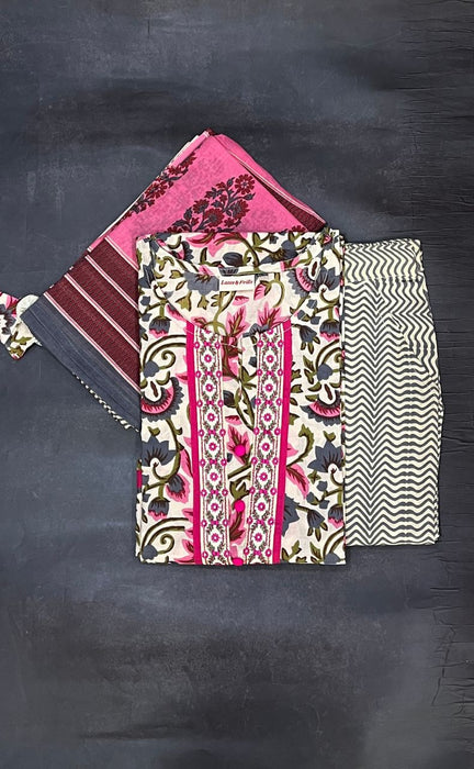 Cream/Pink Garden Kurti With Pant And Dupatta Set  .Pure Versatile Cotton. | Laces and Frills - Laces and Frills