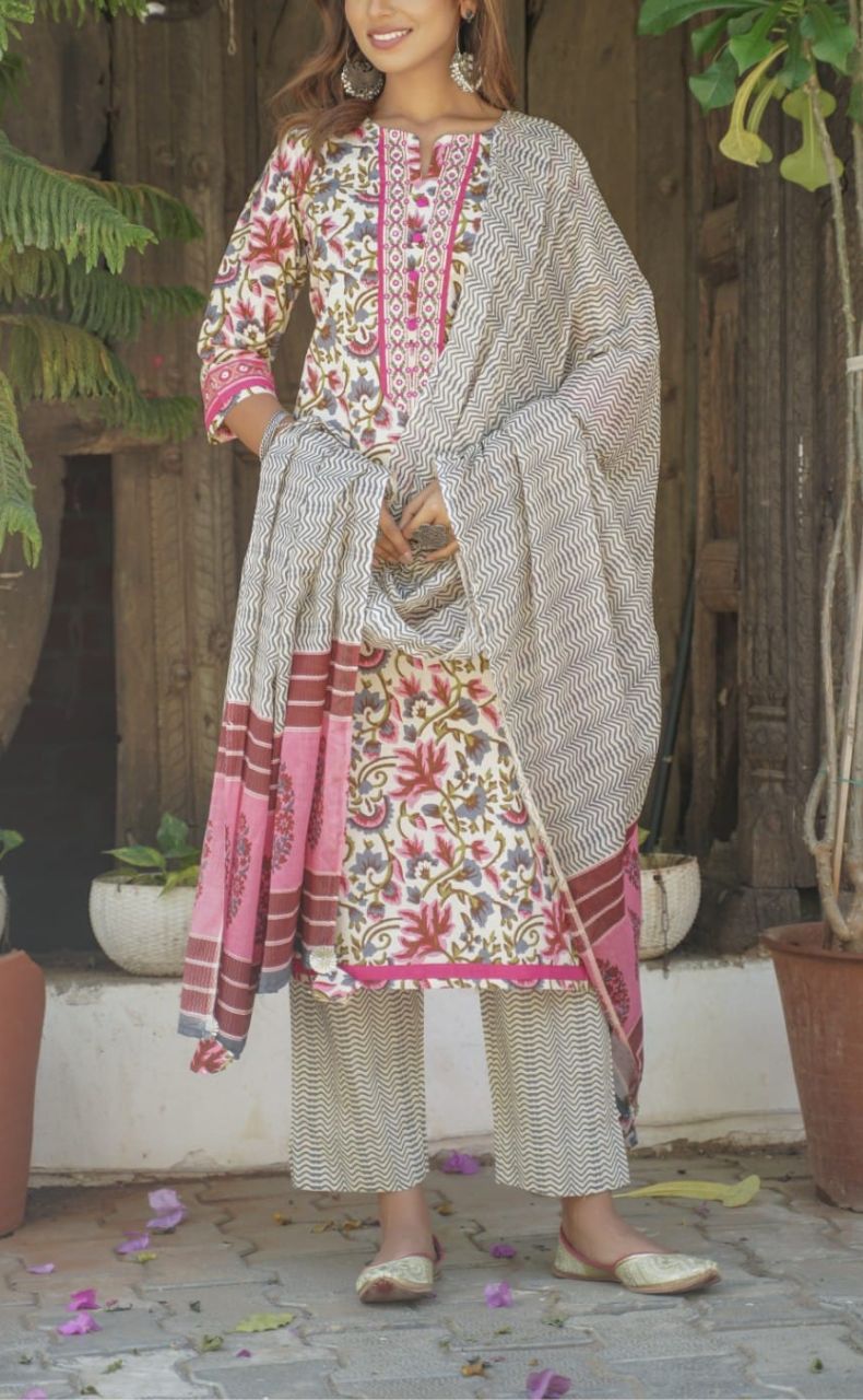 Cream/Pink Garden Kurti With Pant And Dupatta Set  .Pure Versatile Cotton. | Laces and Frills - Laces and Frills