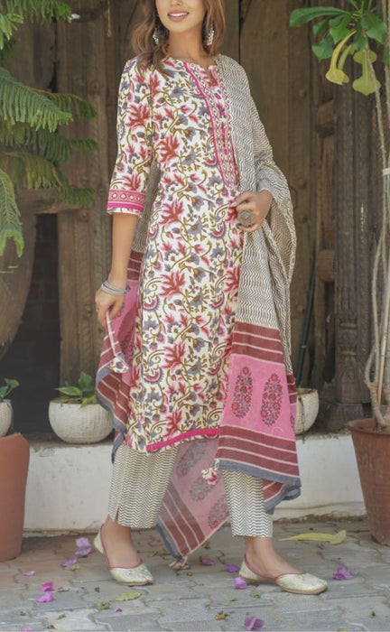 Cream/Pink Garden Kurti With Pant And Dupatta Set  .Pure Versatile Cotton. | Laces and Frills - Laces and Frills