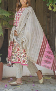 Cream/Pink Garden Kurti With Pant And Dupatta Set  .Pure Versatile Cotton. | Laces and Frills - Laces and Frills
