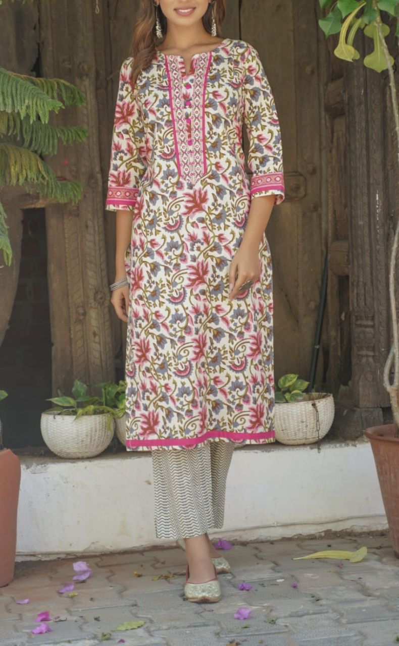 Cream/Pink Garden Kurti With Pant And Dupatta Set  .Pure Versatile Cotton. | Laces and Frills - Laces and Frills
