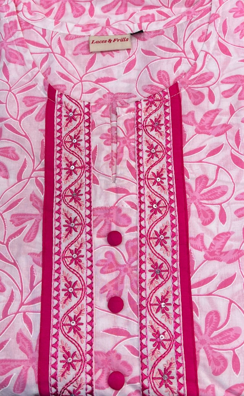 White/Pink Garden Kurti With Pant And Dupatta Set  .Pure Versatile Cotton. | Laces and Frills - Laces and Frills
