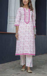 White/Pink Garden Kurti With Pant And Dupatta Set  .Pure Versatile Cotton. | Laces and Frills - Laces and Frills