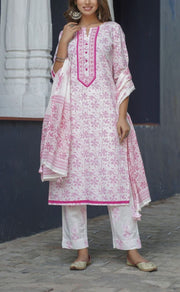White/Pink Garden Kurti With Pant And Dupatta Set  .Pure Versatile Cotton. | Laces and Frills - Laces and Frills