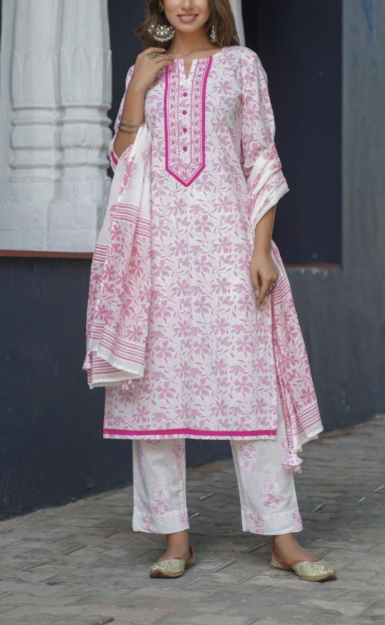 White/Pink Garden Kurti With Pant And Dupatta Set  .Pure Versatile Cotton. | Laces and Frills - Laces and Frills