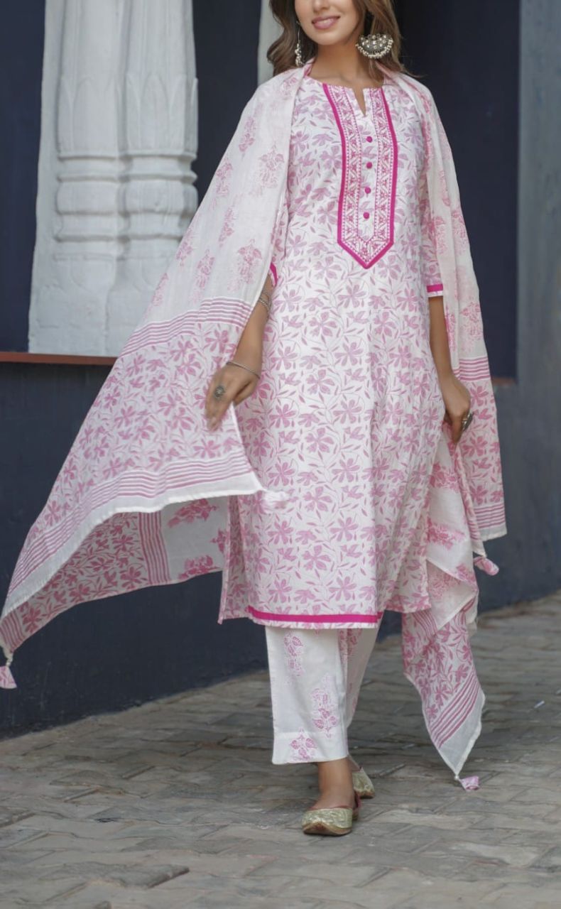 White/Pink Garden Kurti With Pant And Dupatta Set  .Pure Versatile Cotton. | Laces and Frills - Laces and Frills