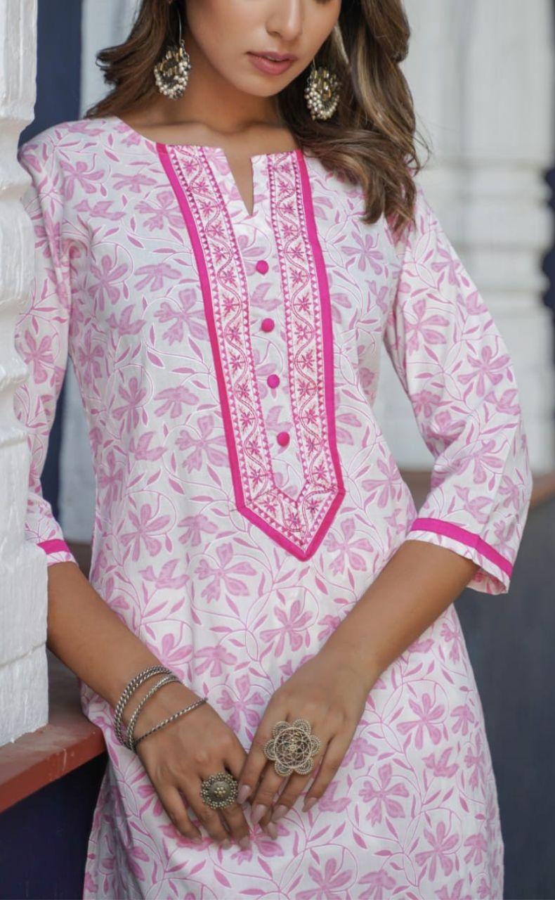 White/Pink Garden Kurti With Pant And Dupatta Set  .Pure Versatile Cotton. | Laces and Frills - Laces and Frills