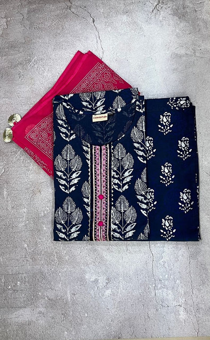 Navy Blue Garden Kurti With Pant And Dupatta Set  .Pure Versatile Cotton. | Laces and Frills - Laces and Frills
