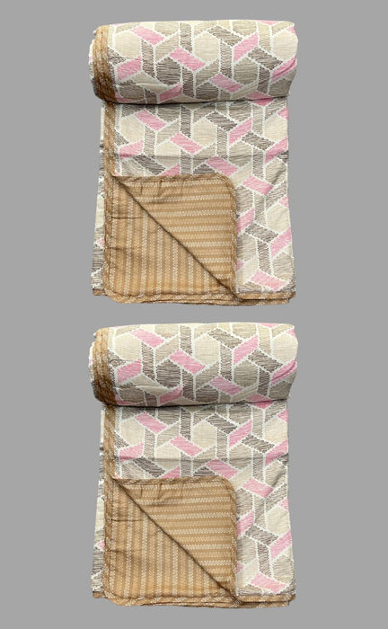 Blanket | Dohar. Beige/Pink Geometric, Soft & Cozy. Two Pc Single bed Reversible | Laces and Frills - Laces and Frills