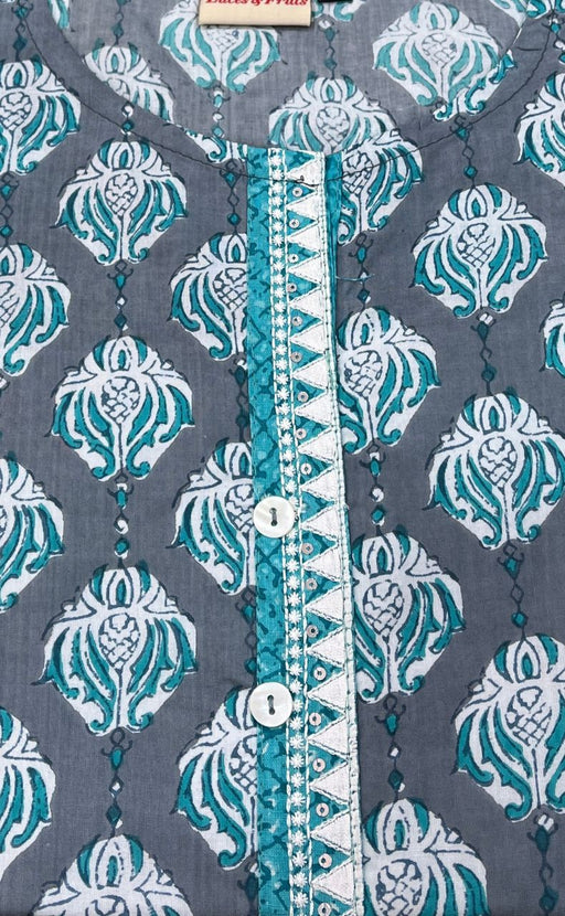 Ash Grey/Sea Green Motif Jaipuri Cotton Short Kurti. Pure Versatile Cotton. | Laces and Frills - Laces and Frills