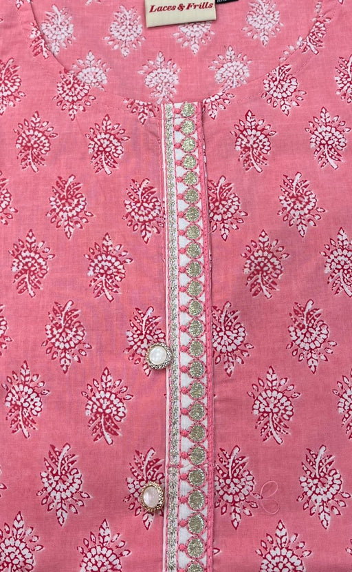 Pink/White Flora Motif Jaipuri Cotton Short Kurti. Pure Versatile Cotton. | Laces and Frills - Laces and Frills