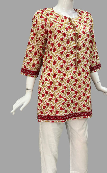 White/Red Garden Jaipuri Cotton Short Kurti. Pure Versatile Cotton. | Laces and Frills - Laces and Frills
