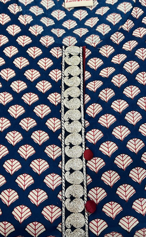 Navy Blue/Maroon Motif Jaipuri Cotton Short Kurti. Pure Versatile Cotton. | Laces and Frills - Laces and Frills