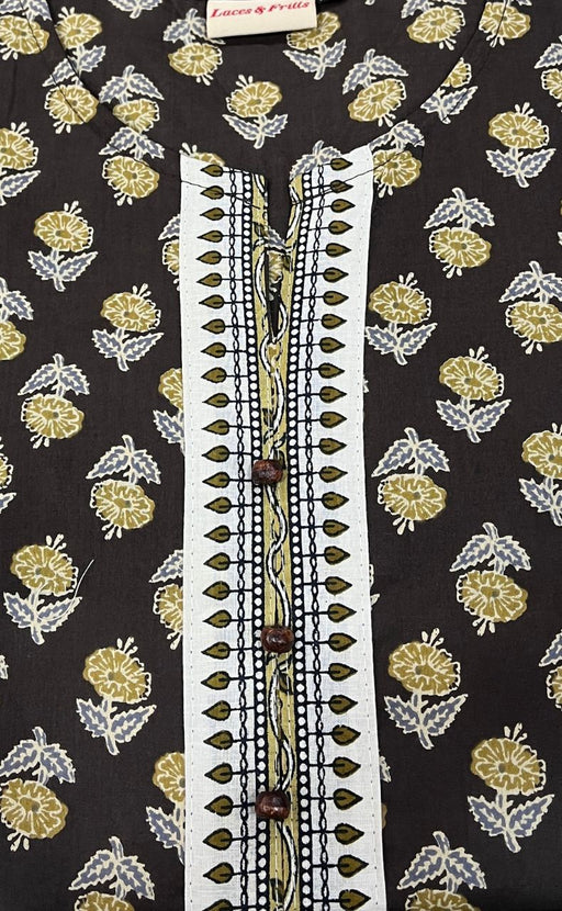 Brown/Mehndi Green Flora Jaipuri Cotton Short Kurti. Pure Versatile Cotton. | Laces and Frills - Laces and Frills