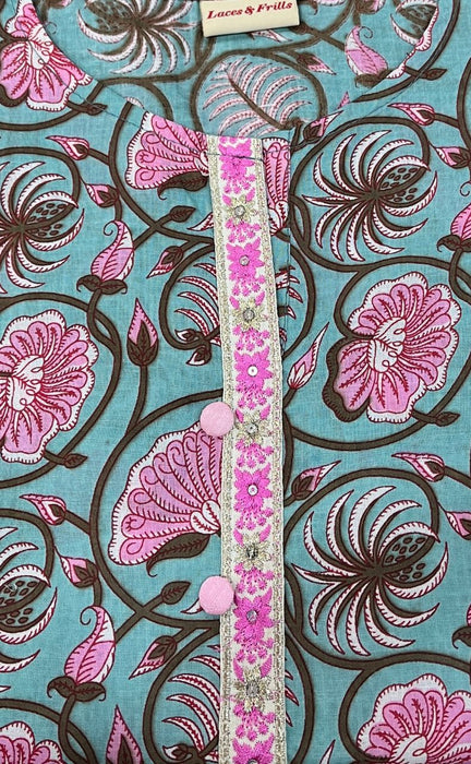 Sea Green/Pink Garden Jaipuri Cotton Short Kurti. Pure Versatile Cotton. | Laces and Frills - Laces and Frills