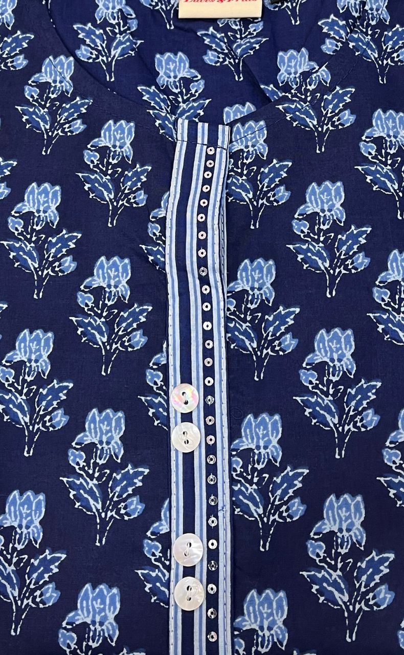 Navy Blue Flora Jaipuri Cotton Short Kurti. Pure Versatile Cotton. | Laces and Frills - Laces and Frills