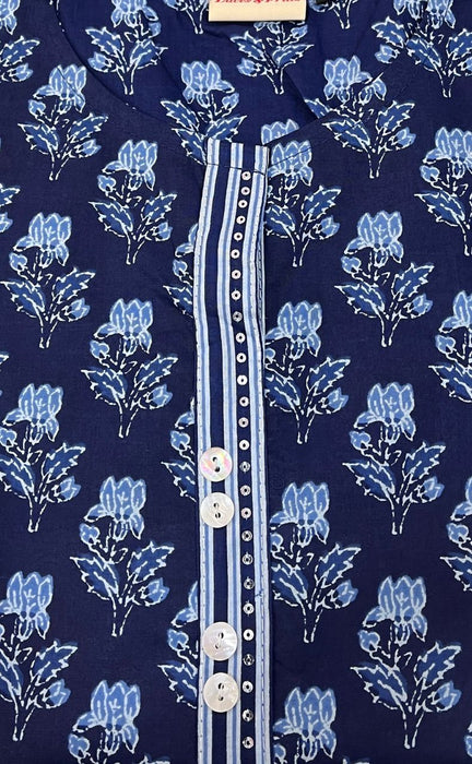 Navy Blue Flora Jaipuri Cotton Short Kurti. Pure Versatile Cotton. | Laces and Frills - Laces and Frills