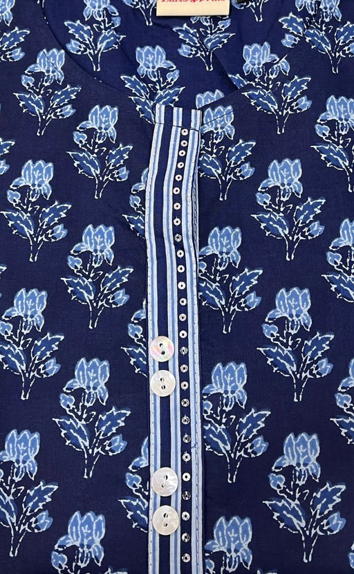 Navy Blue Flora Jaipuri Cotton Short Kurti. Pure Versatile Cotton. | Laces and Frills - Laces and Frills