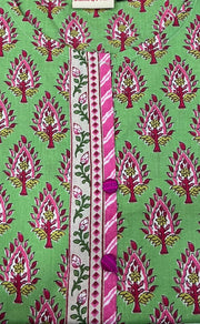 Green/Pink Flora Jaipuri Cotton Short Kurti. Pure Versatile Cotton. | Laces and Frills - Laces and Frills