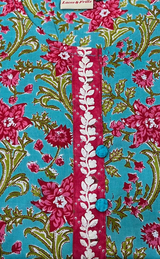 Sky Blue/Pink Jaipuri Cotton Short Kurti. Pure Versatile Cotton. | Laces and Frills - Laces and Frills